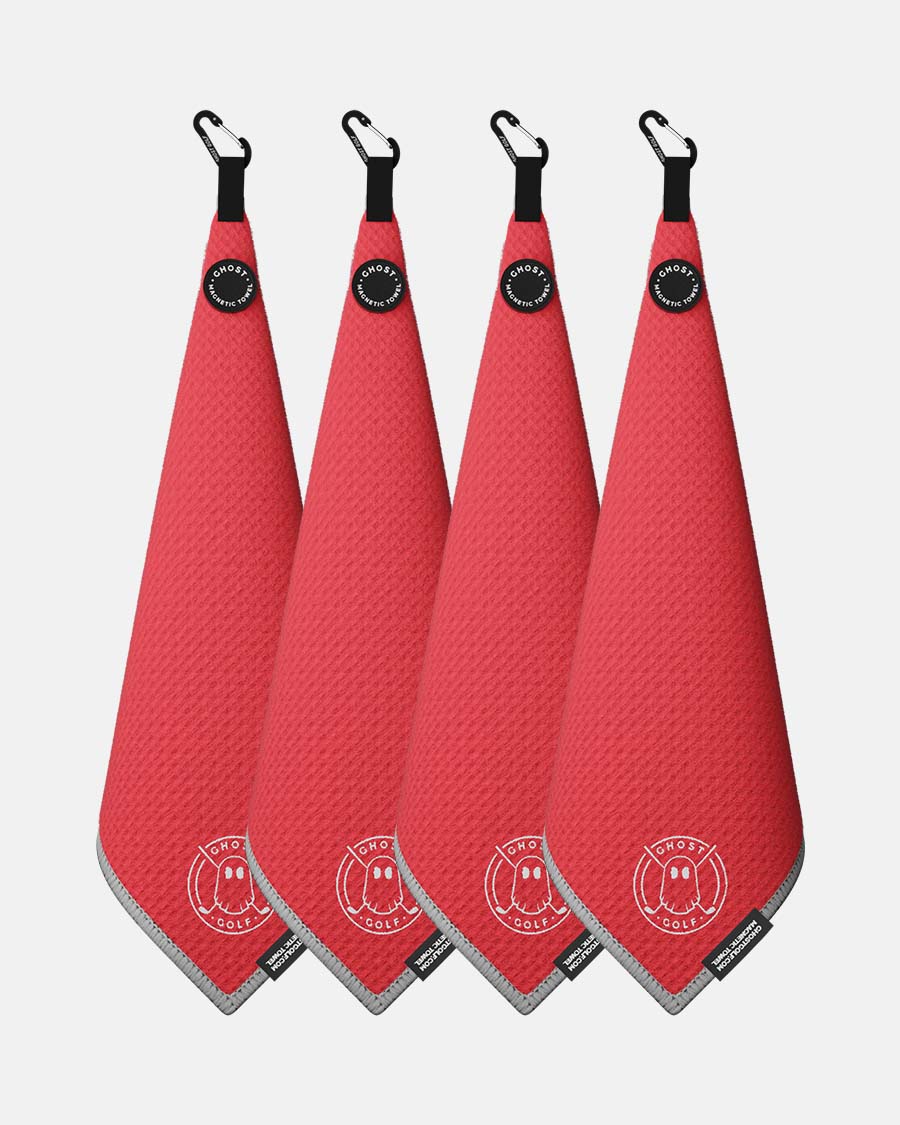 4 Ghost Golf Greenside towels with Magnet Patch and Carabiner. Color Red