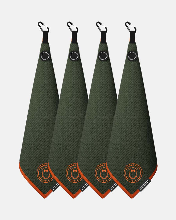 4 Ghost Golf Greenside towels with Magnet Patch and Carabiner. Color Rifle Green